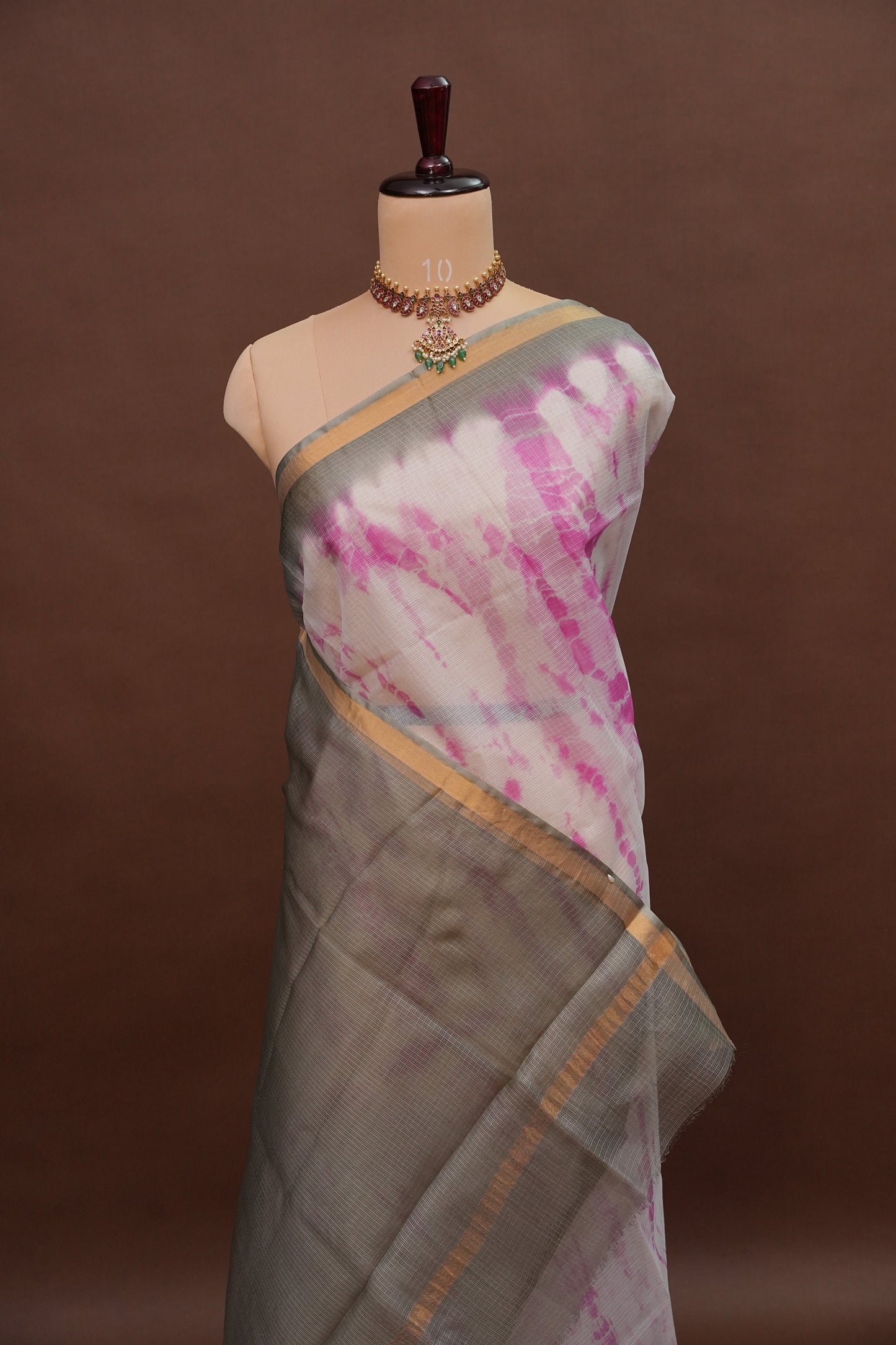 Silk Kota Shibori Tie & Dye Saree - Grey with Pink & White