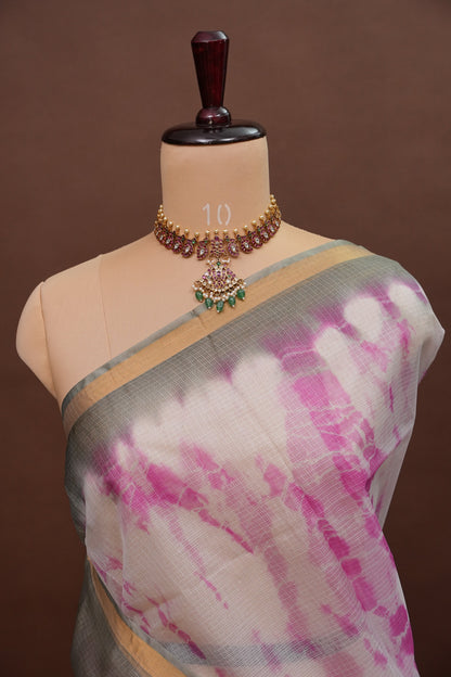 Silk Kota Shibori Tie & Dye Saree - Grey with Pink & White