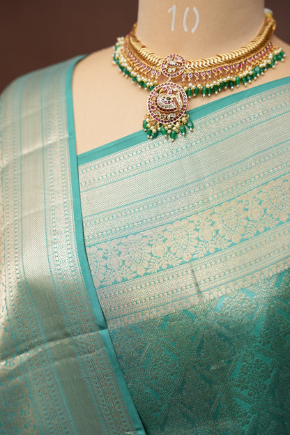 Pure Kanchipuram Silk Saree - Aqua Green| Silk Mark Certified