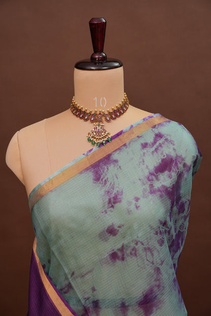 Silk Kota Shibori Tie & Dye Saree - Blue & Aubergine Purple