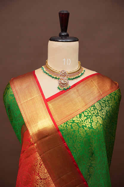 Emerald Green & Red Pure Kanchipuram Silk with 1 Gram Zari Weave|Silk Mark Certified