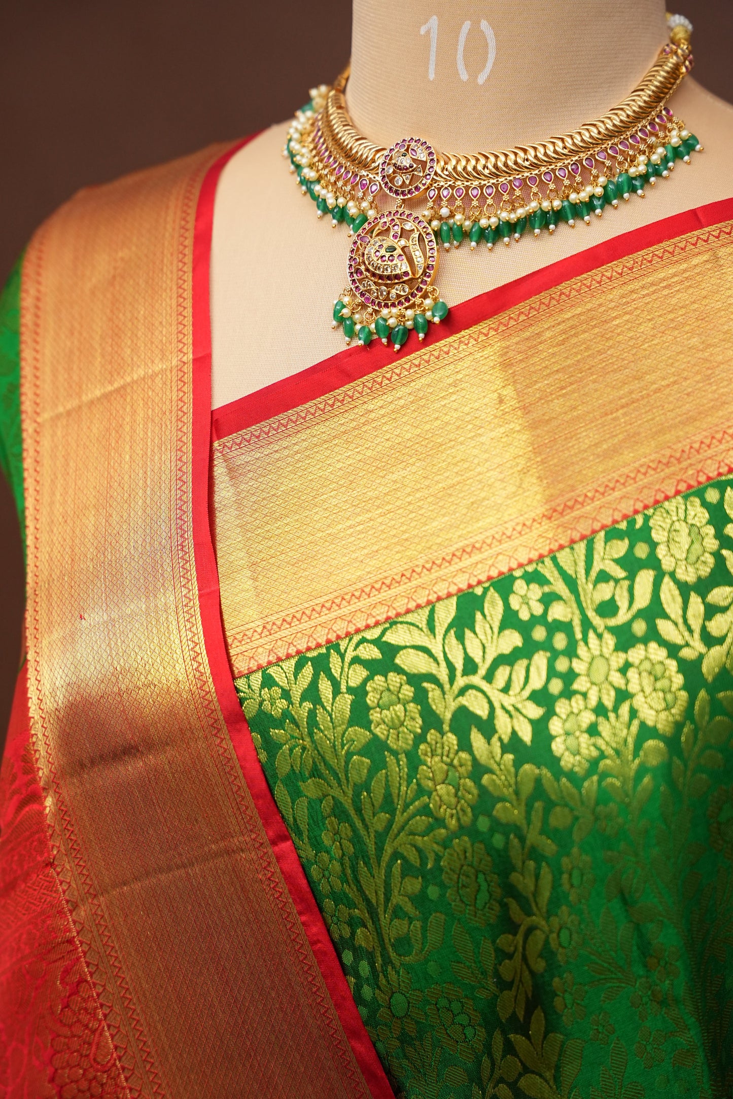 Emerald Green & Red Pure Kanchipuram Silk with 1 Gram Zari Weave|Silk Mark Certified