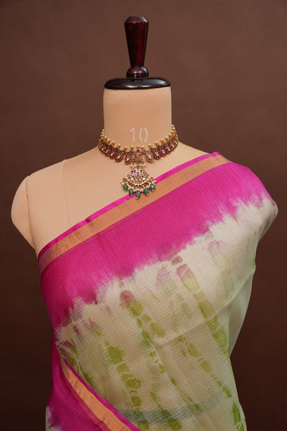 Silk Kota Shibori Tie & Dye Saree - Leaf Green & Pink