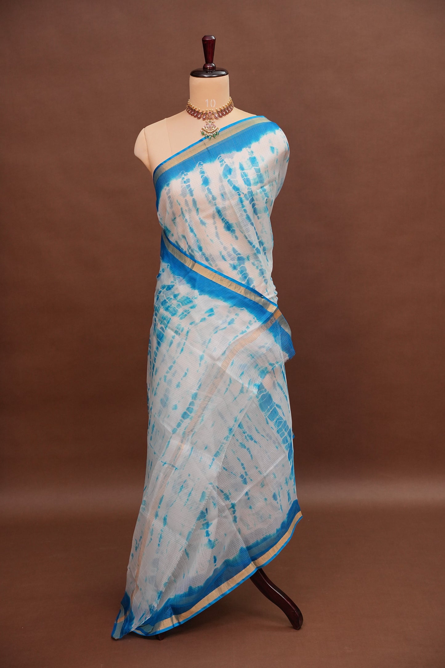 Silk Kota Shibori Tie & Dye Saree - Blue & White