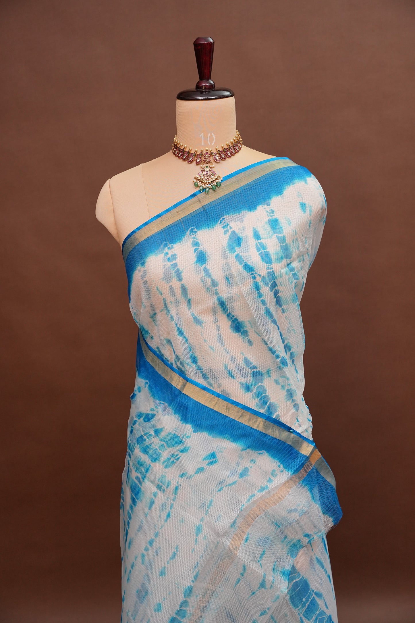 Silk Kota Shibori Tie & Dye Saree - Blue & White