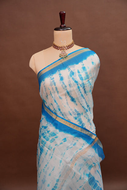 Silk Kota Shibori Tie & Dye Saree - Blue & White