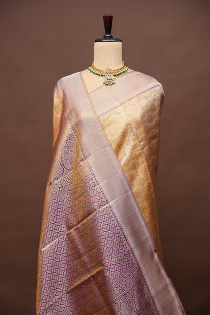 Honey Gold with Mauve Pink Pure Tissue Kanchipuram Silk Saree|Silk Mark Certified