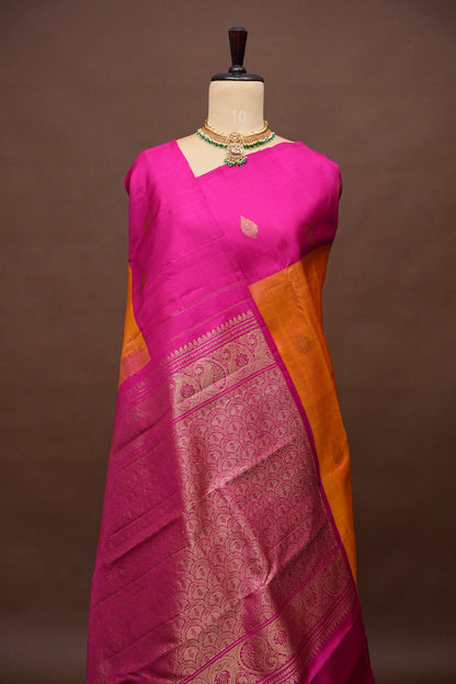 Orange & Rani Pink Dual Tone Pure Kanchivaram Silk Saree with Zari Buttas| Silk Mark Certified
