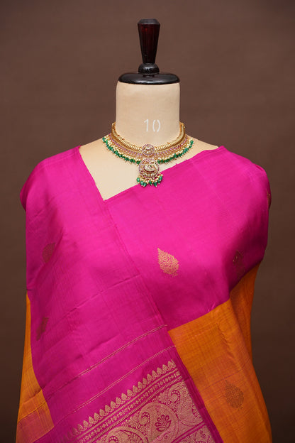 Orange & Rani Pink Dual Tone Pure Kanchivaram Silk Saree with Zari Buttas| Silk Mark Certified