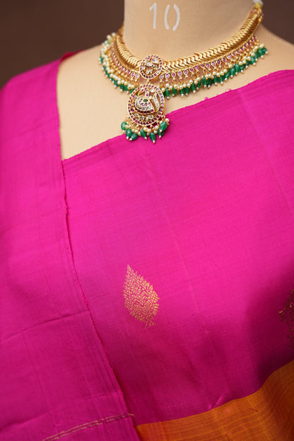 Orange & Rani Pink Dual Tone Pure Kanchivaram Silk Saree with Zari Buttas| Silk Mark Certified