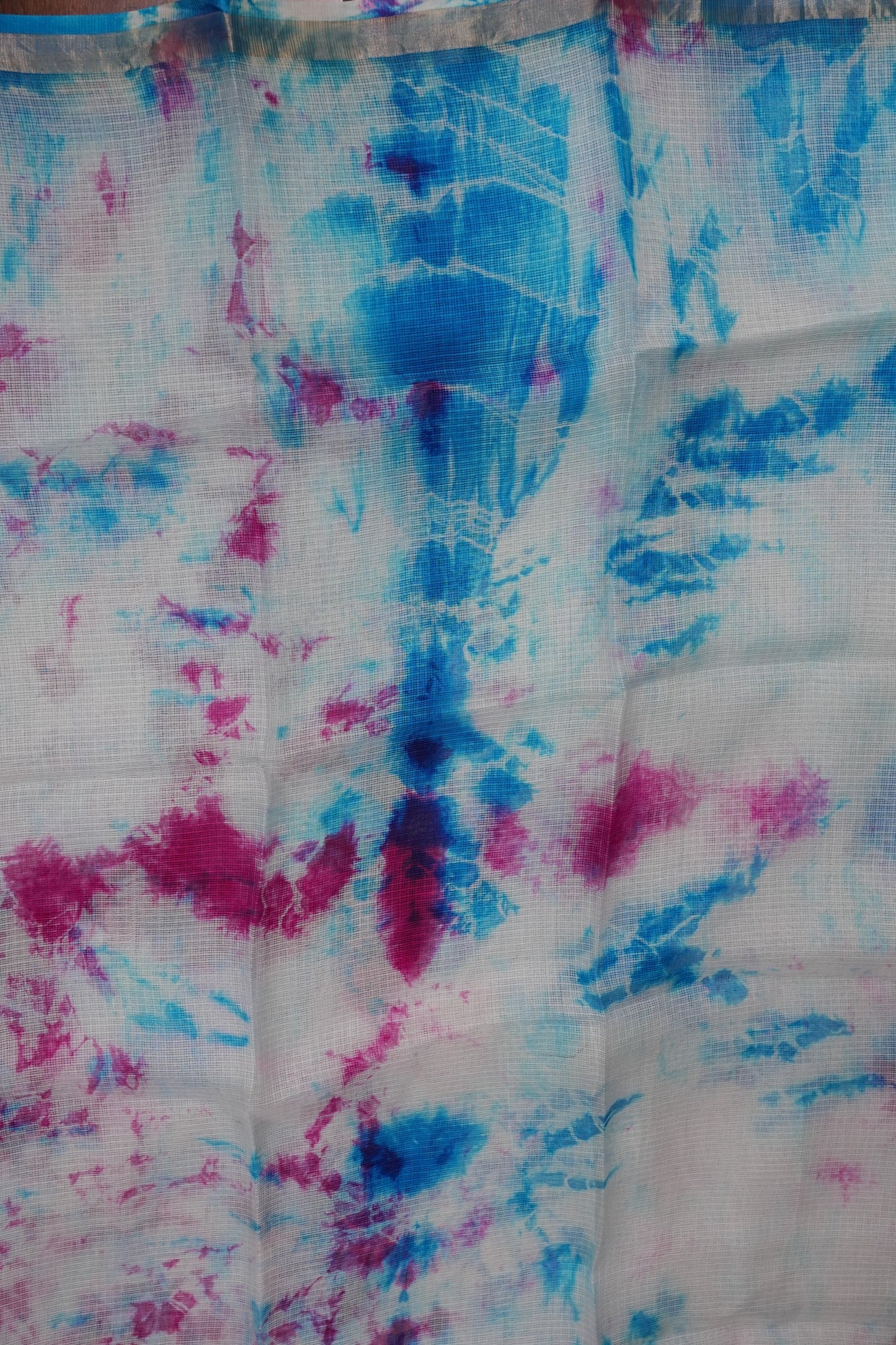 Silk Kota Shibori Tie & Dye Saree - White with Pink & Blue