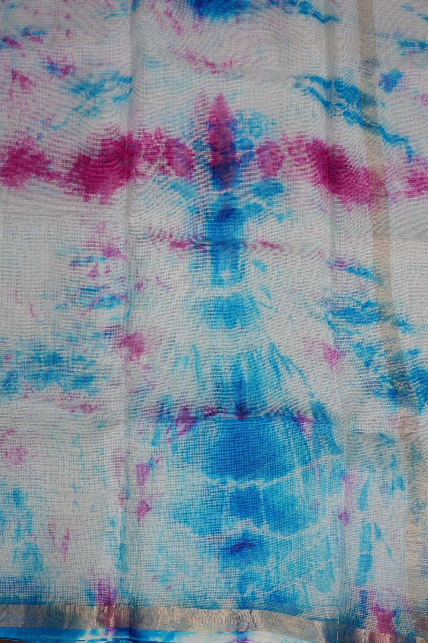 Silk Kota Shibori Tie & Dye Saree - White with Pink & Blue