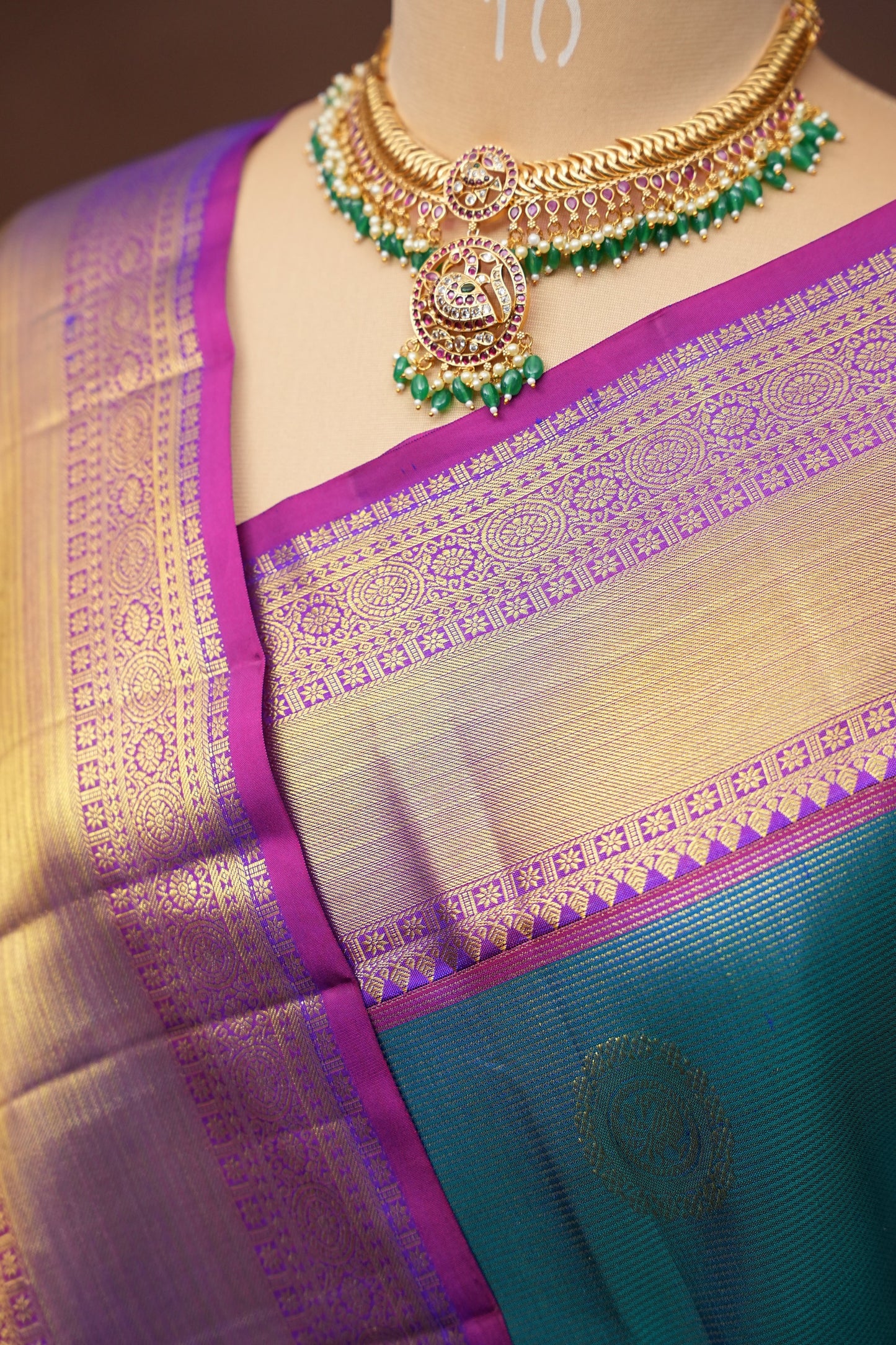 Peacock Blue & Purple Pure Kanchipuram Brocade Silk Saree|Silk Mark Certified
