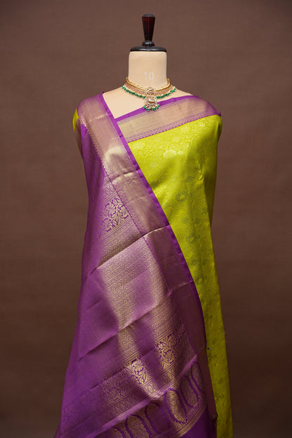 Pure Kanchipuram Brocade Silk Saree - Bright Parrot Green with Purple Border| Silk Mark Certified