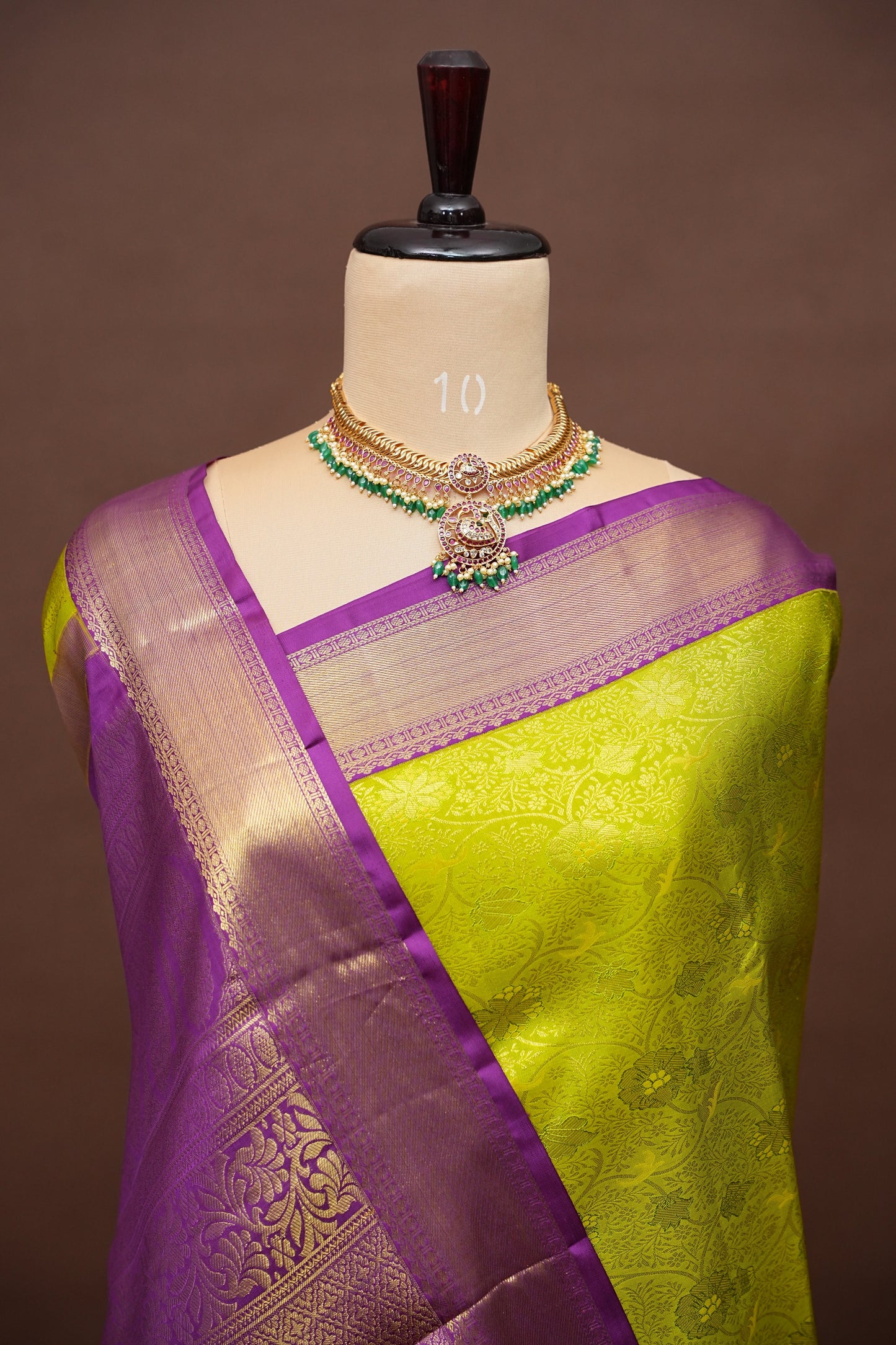 Pure Kanchipuram Brocade Silk Saree - Bright Parrot Green with Purple Border| Silk Mark Certified