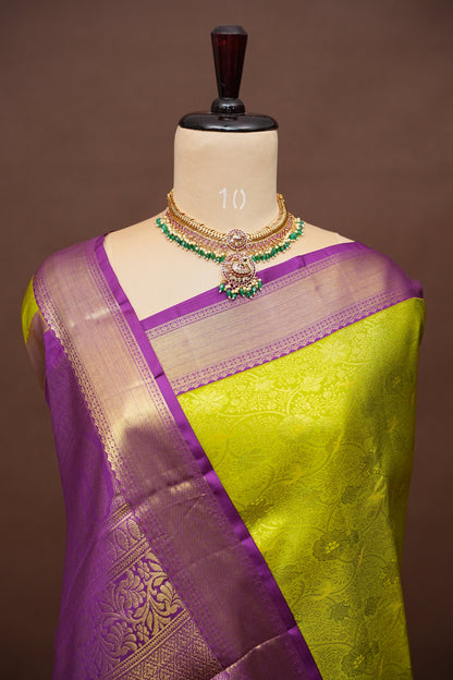 Pure Kanchipuram Brocade Silk Saree - Bright Parrot Green with Purple Border| Silk Mark Certified