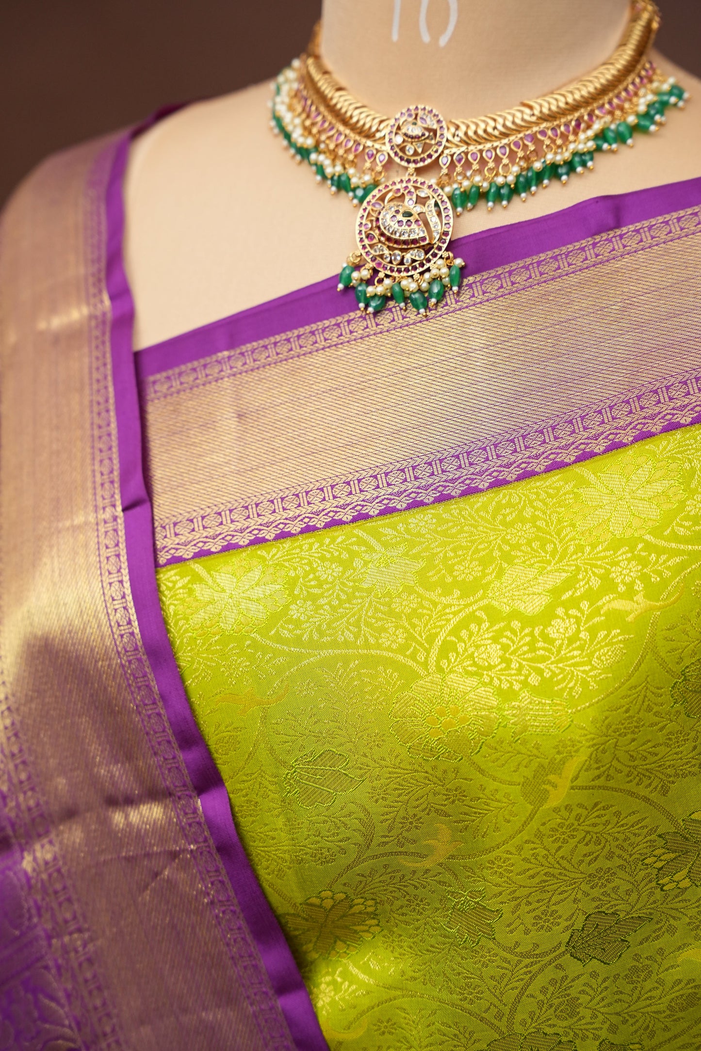 Pure Kanchipuram Brocade Silk Saree - Bright Parrot Green with Purple Border| Silk Mark Certified