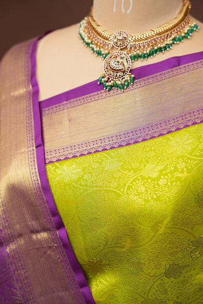 Pure Kanchipuram Brocade Silk Saree - Bright Parrot Green with Purple Border| Silk Mark Certified