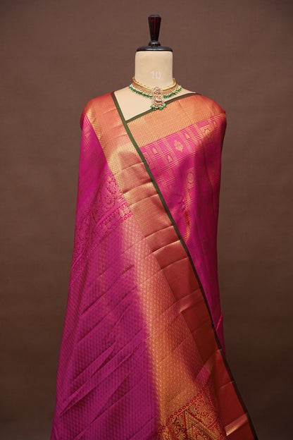 Pure Kanchipuram Brocade Silk Saree - Hot Pink & Green| Silk Mark Certified