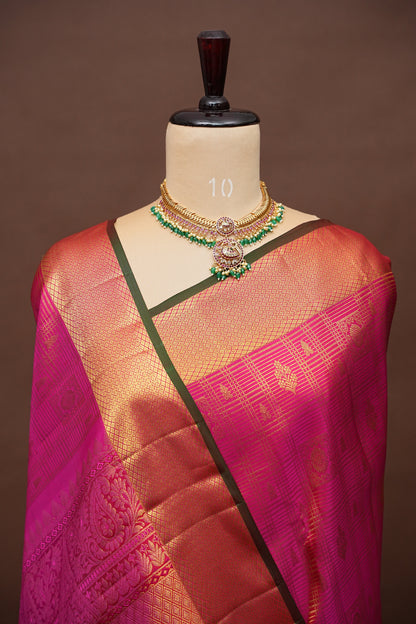 Pure Kanchipuram Brocade Silk Saree - Hot Pink & Green| Silk Mark Certified