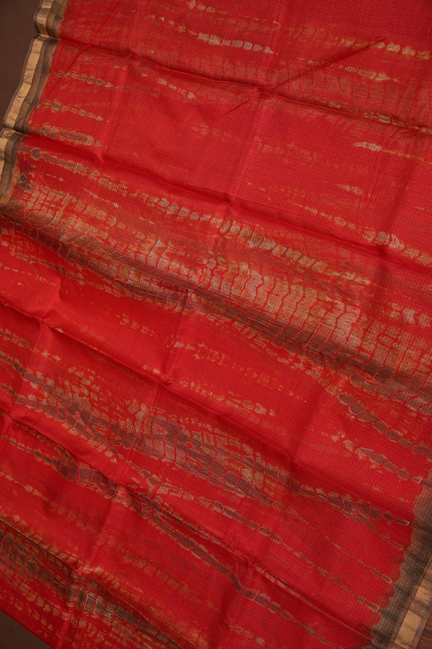 Silk Kota Shibori Tie & Dye Saree - Orange and Mud Brown