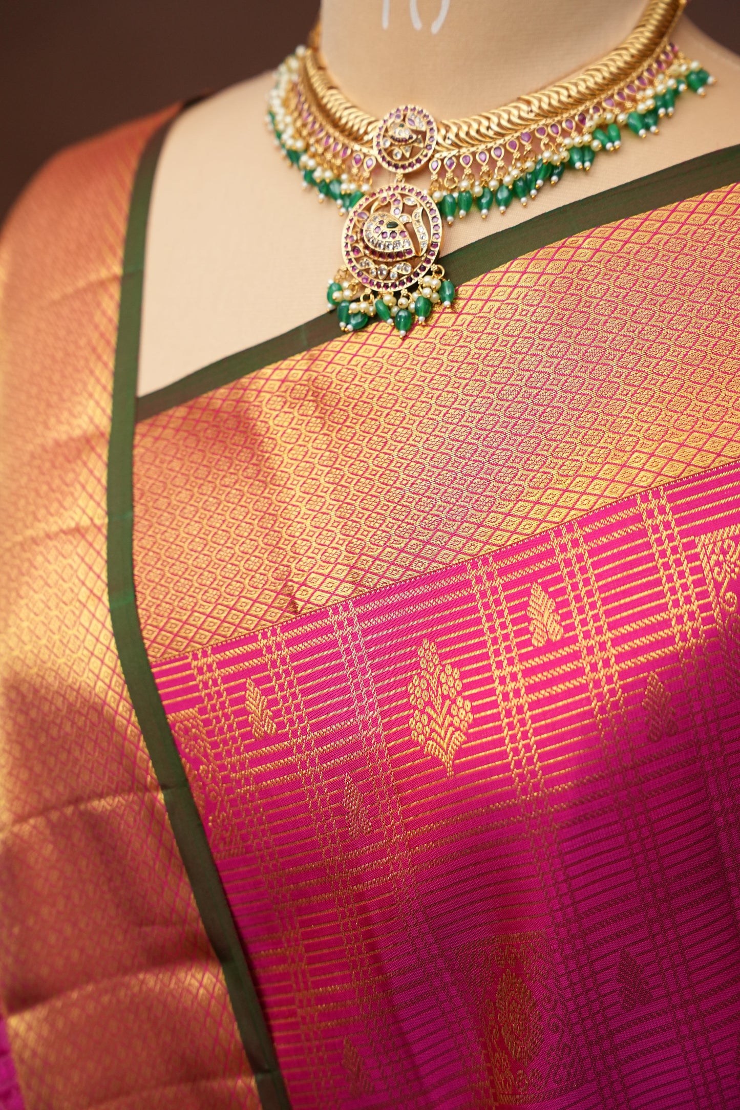 Pure Kanchipuram Brocade Silk Saree - Hot Pink & Green| Silk Mark Certified