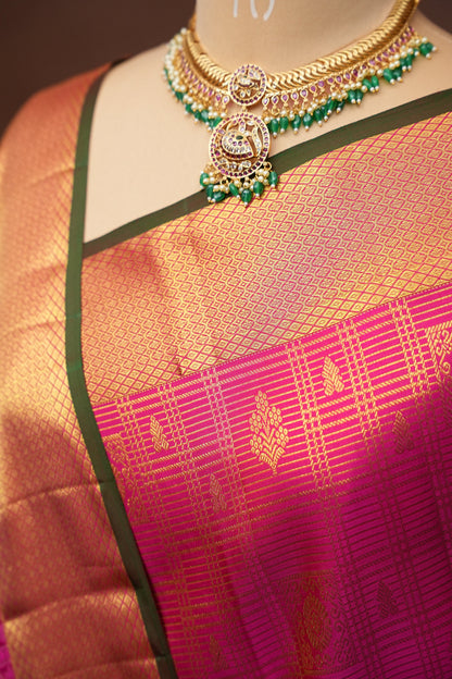 Pure Kanchipuram Brocade Silk Saree - Hot Pink & Green| Silk Mark Certified