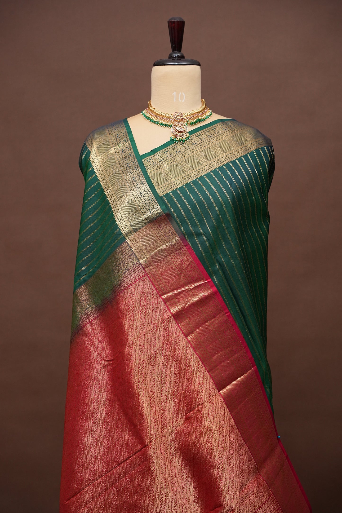 Pure Kanchipuram Silk Saree - Emerald Green & Orange| Silk Mark Certified