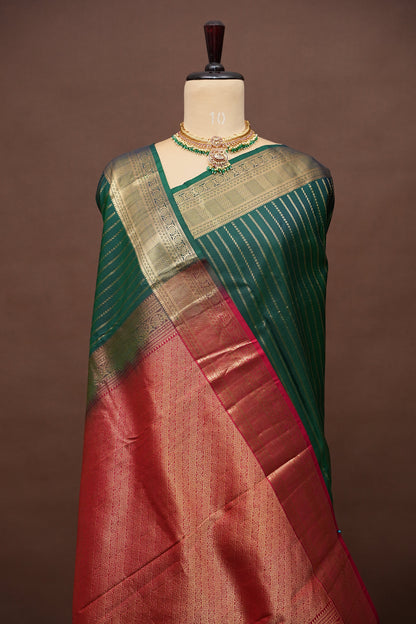 Pure Kanchipuram Silk Saree - Emerald Green & Orange| Silk Mark Certified
