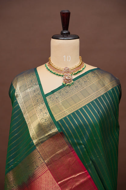 Pure Kanchipuram Silk Saree - Emerald Green & Orange| Silk Mark Certified