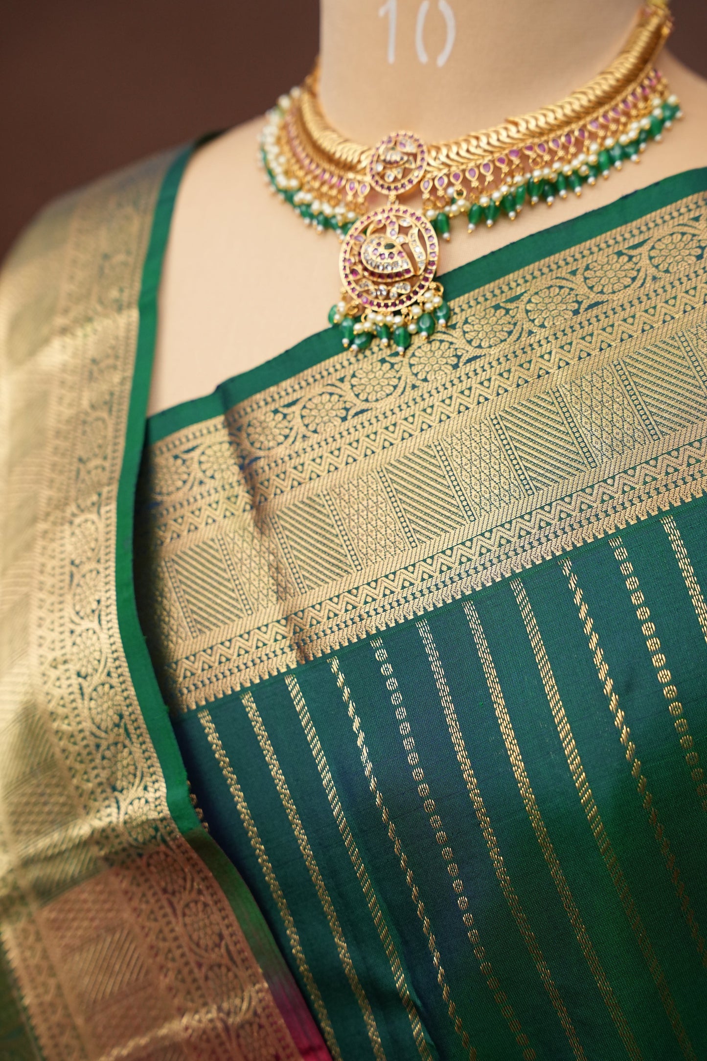 Pure Kanchipuram Silk Saree - Emerald Green & Orange| Silk Mark Certified