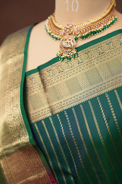 Pure Kanchipuram Silk Saree - Emerald Green & Orange| Silk Mark Certified