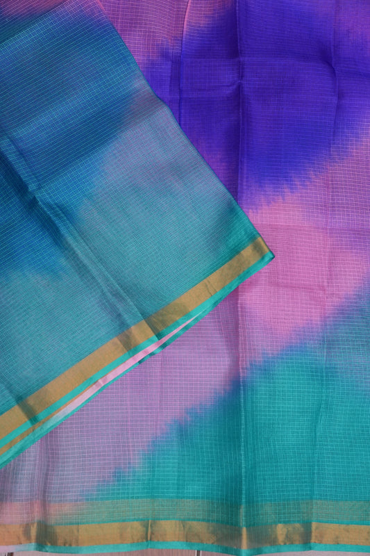 Silk Kota Multicolor Saree - Teal, Lavender & Blue Blend