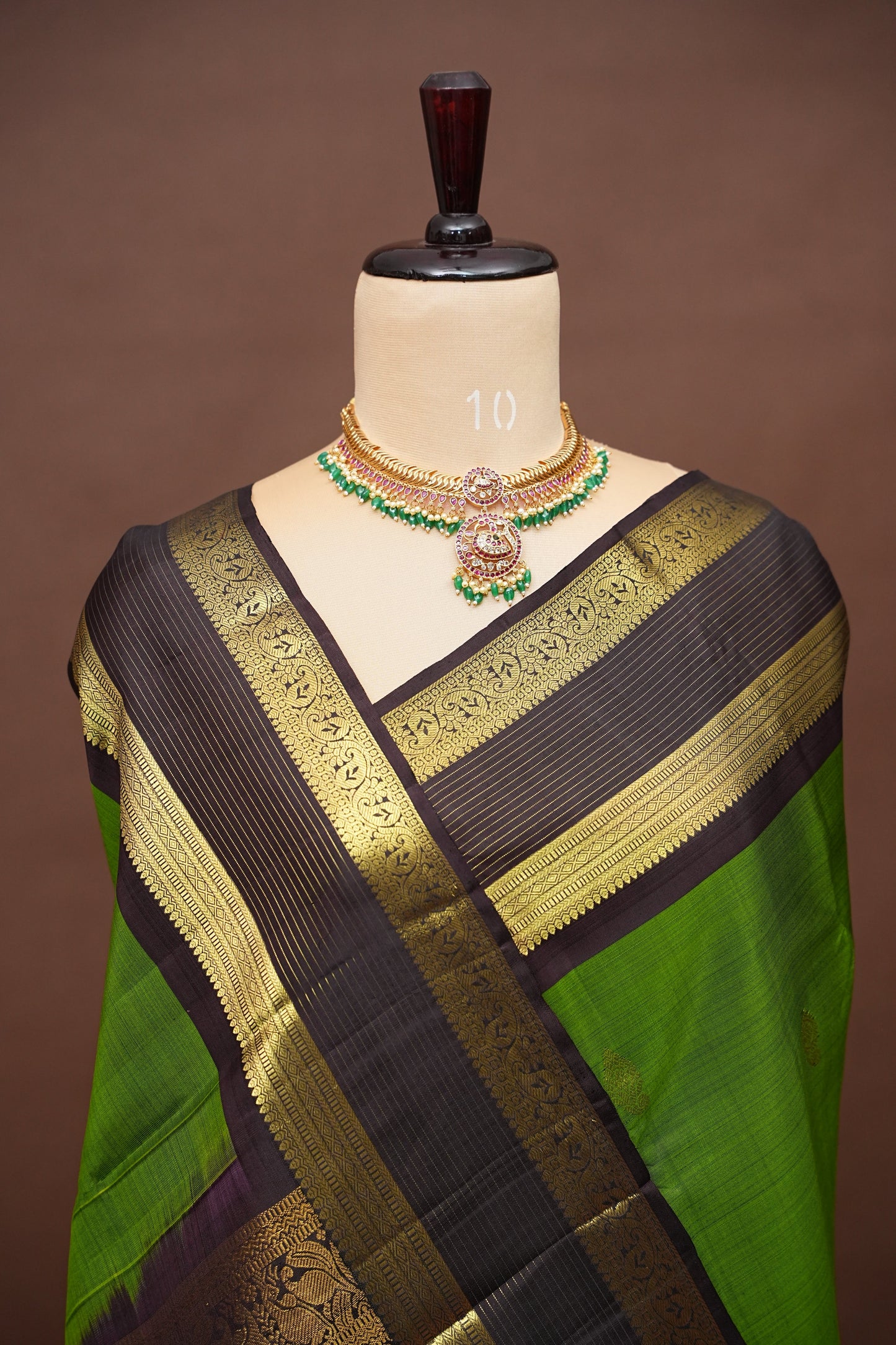 Pure Kanchipuram Silk Saree - Leaf Green & Coffee| Silk Mark Certified