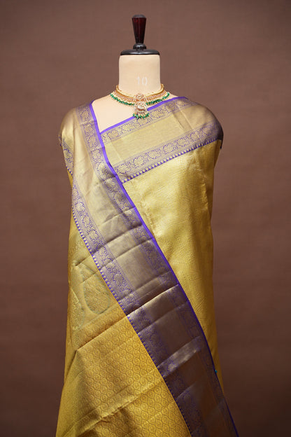 Geometric Pure Tissue Kanchipuram Silk Saree - Gold With Royal Purple & Gold Border| Silk Mark Certified