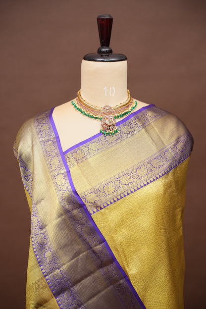 Geometric Pure Tissue Kanchipuram Silk Saree - Gold With Royal Purple & Gold Border| Silk Mark Certified