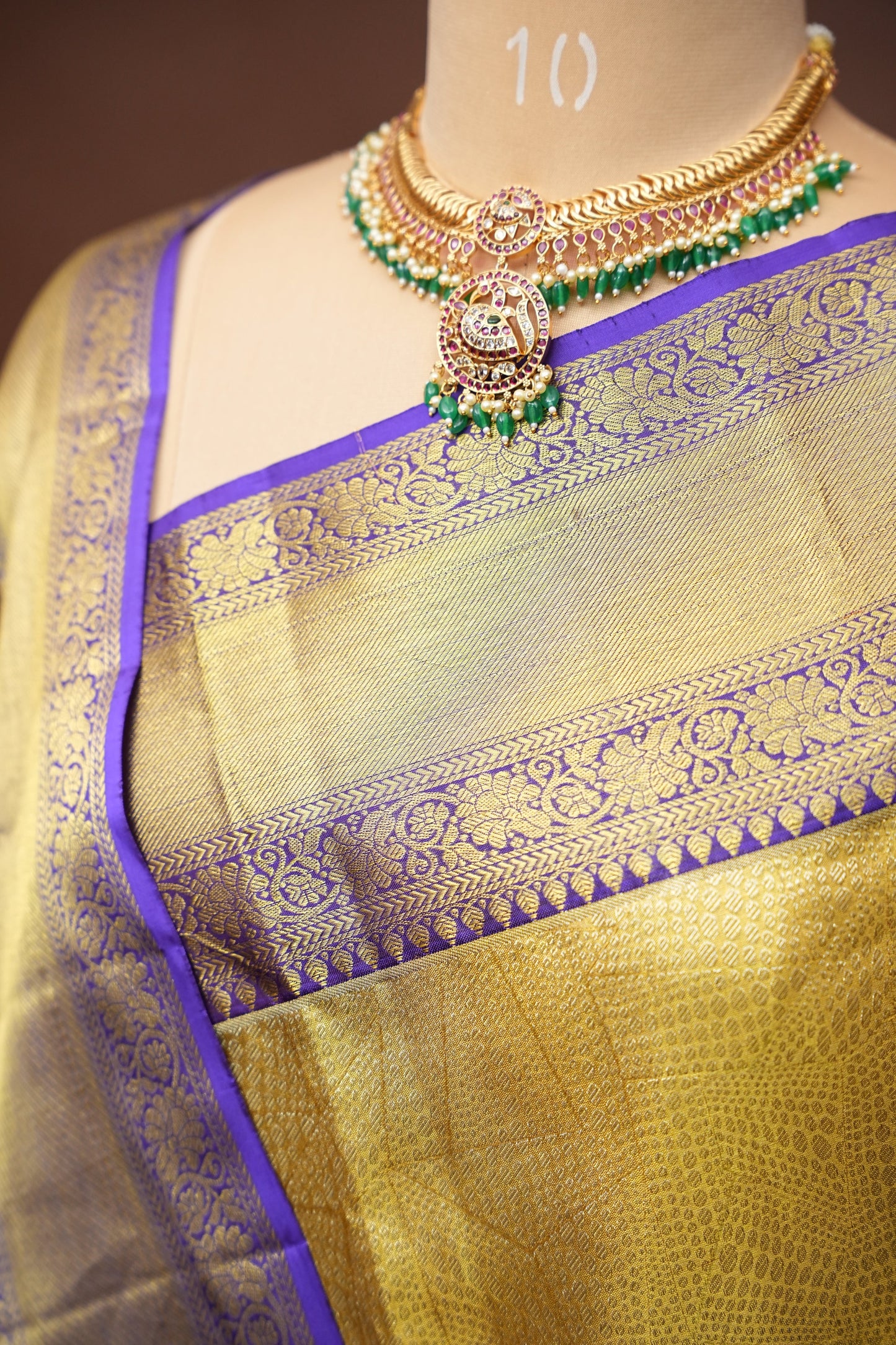 Geometric Pure Tissue Kanchipuram Silk Saree - Gold With Royal Purple & Gold Border| Silk Mark Certified
