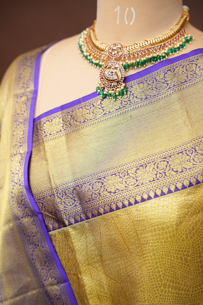 Geometric Pure Tissue Kanchipuram Silk Saree - Gold With Royal Purple & Gold Border| Silk Mark Certified