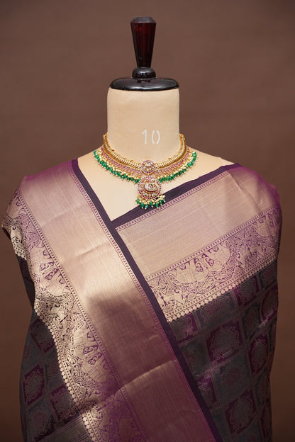 Pure Kanchipuram Brocade Silk Saree - Deep Purple| Silk Mark Certified