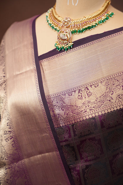 Pure Kanchipuram Brocade Silk Saree - Deep Purple| Silk Mark Certified