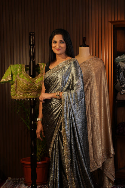 Silver blackish Grey Hand Embellished Party Wear Saree with Designer Scallop Border
