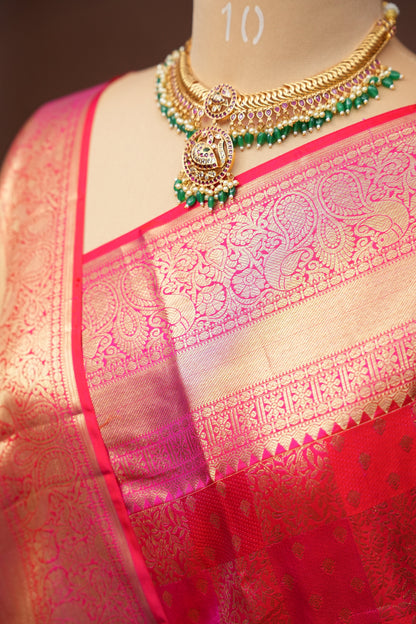 Rangkat Collection-Pink & Red in Pure Kanchipuram Silk Saree|Silk Mark Certified