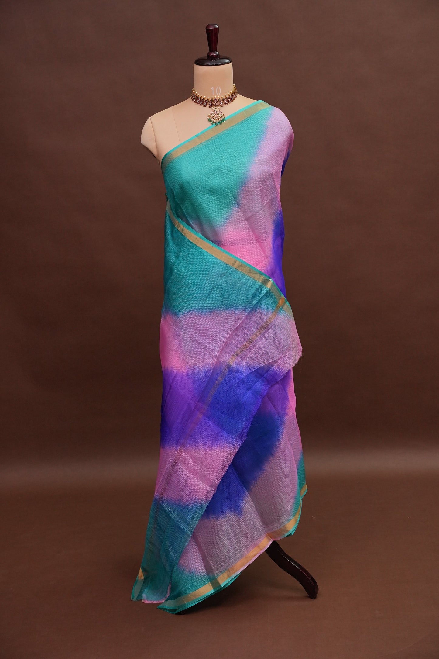 Silk Kota Multicolor Saree - Teal, Lavender & Blue Blend