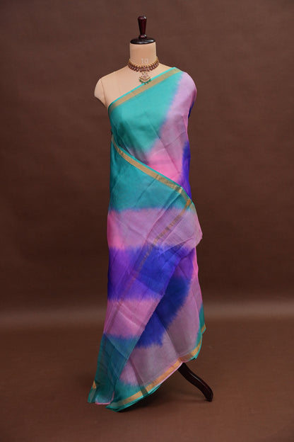 Silk Kota Multicolor Saree - Teal, Lavender & Blue Blend