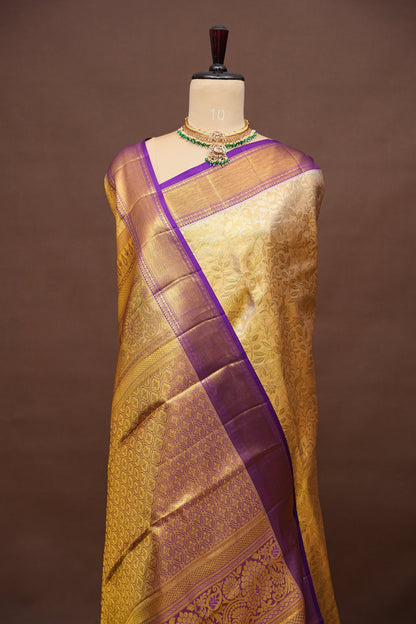Gold with Purple Pure Tissue Kanchipuram Silk Saree|Silk Mark Certified
