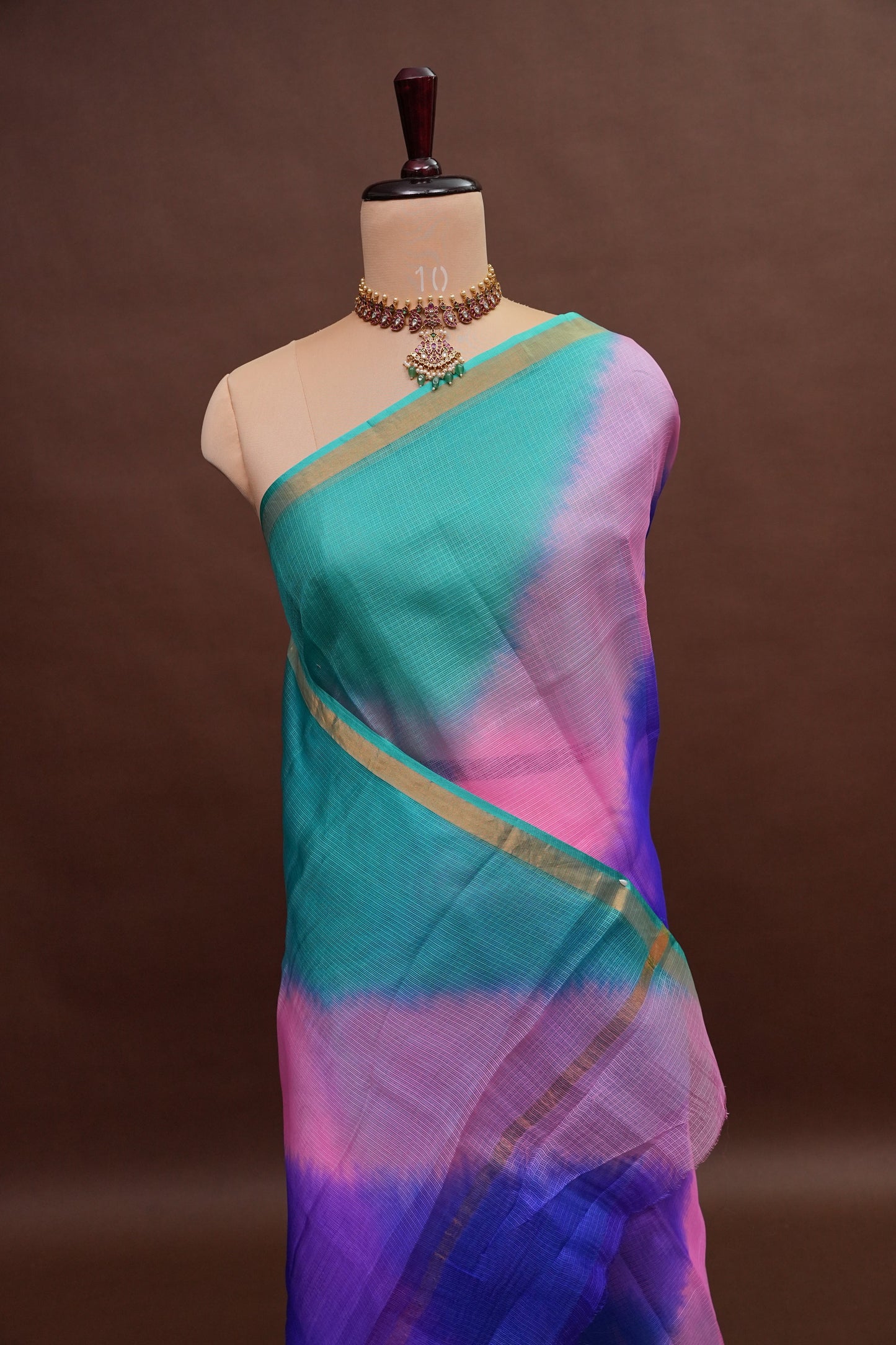 Silk Kota Multicolor Saree - Teal, Lavender & Blue Blend
