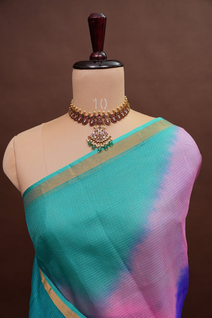 Silk Kota Multicolor Saree - Teal, Lavender & Blue Blend