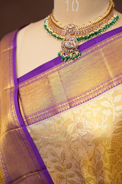 Gold with Purple Pure Tissue Kanchipuram Silk Saree|Silk Mark Certified