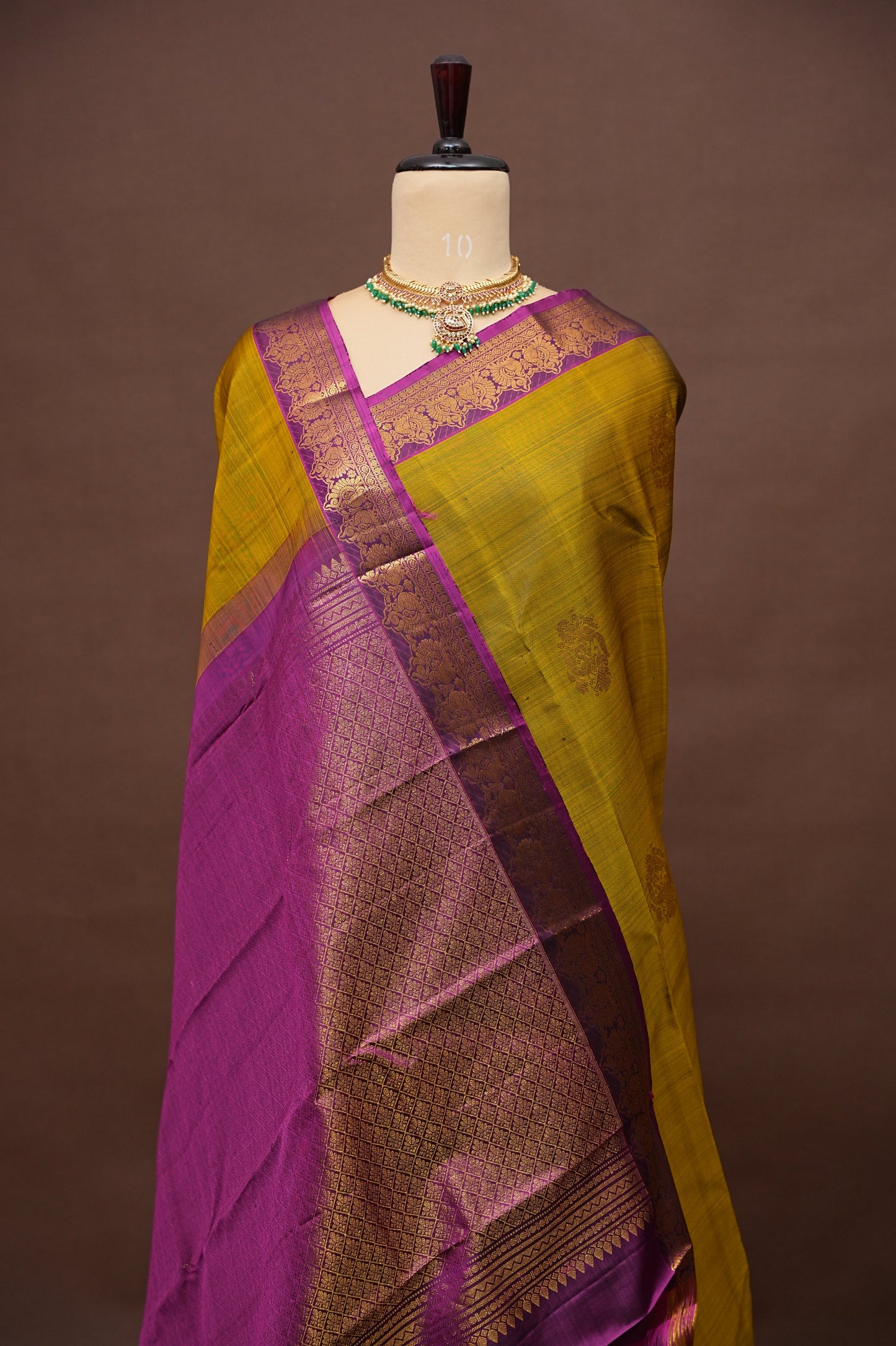 Pure Kanchipuram Silk Saree - Burnt Olive Green with Deep Magenta| Silk Mark Certified