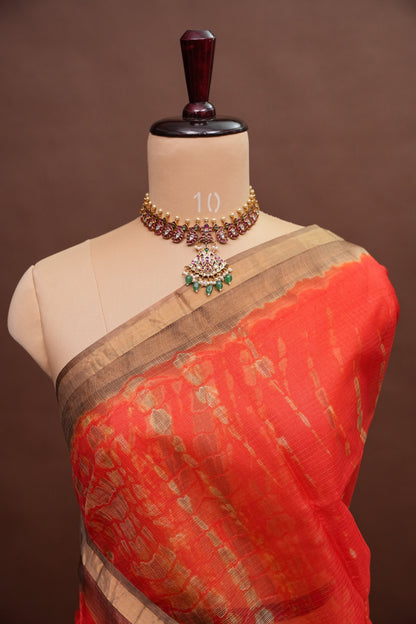 Silk Kota Shibori Tie & Dye Saree - Orange and Mud Brown